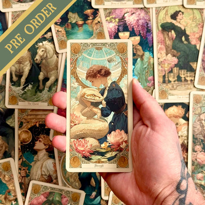 Elysian Shadows Victorian Art Nouveau gold foil tarot deck in keepsake box, for shadow work and intuitive reading.