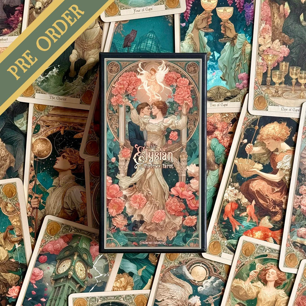 Elysian Shadows Victorian Art Nouveau gold foil tarot deck in keepsake box, for shadow work and intuitive reading.