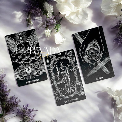 Explore The Arrival Tarot Deck—78 black-and-white tarot cards designed for intuitive readings, spiritual clarity, and guidance through bold contrasts of light and shadow.