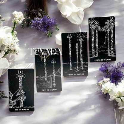 Explore The Arrival Tarot Deck—78 black-and-white tarot cards designed for intuitive readings, spiritual clarity, and guidance through bold contrasts of light and shadow.