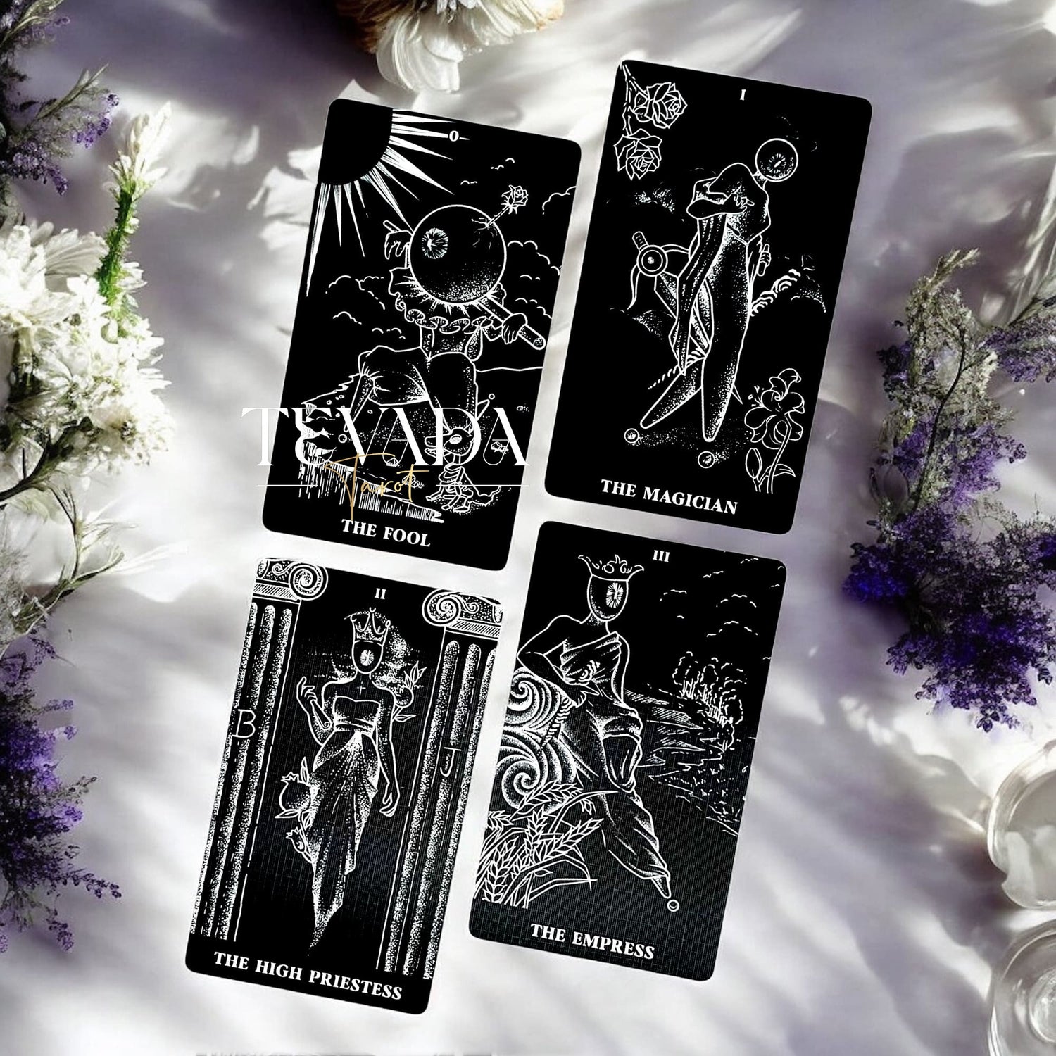 Explore The Arrival Tarot Deck—78 black-and-white tarot cards designed for intuitive readings, spiritual clarity, and guidance through bold contrasts of light and shadow.