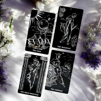 Explore The Arrival Tarot Deck—78 black-and-white tarot cards designed for intuitive readings, spiritual clarity, and guidance through bold contrasts of light and shadow.