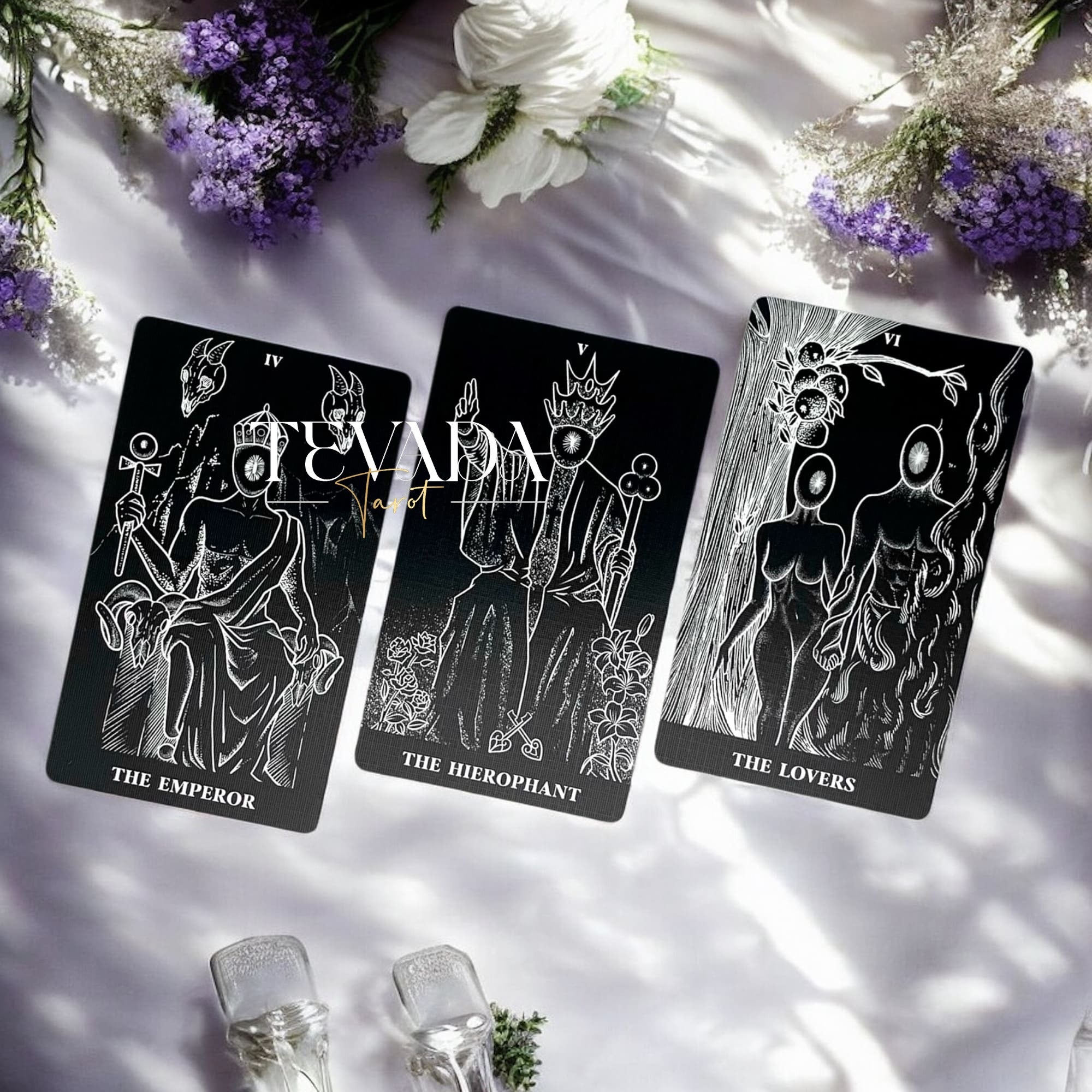 Explore The Arrival Tarot Deck—78 black-and-white tarot cards designed for intuitive readings, spiritual clarity, and guidance through bold contrasts of light and shadow.