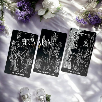 Explore The Arrival Tarot Deck—78 black-and-white tarot cards designed for intuitive readings, spiritual clarity, and guidance through bold contrasts of light and shadow.