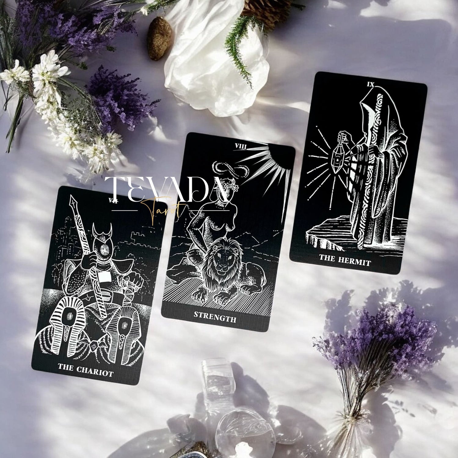 Explore The Arrival Tarot Deck—78 black-and-white tarot cards designed for intuitive readings, spiritual clarity, and guidance through bold contrasts of light and shadow.