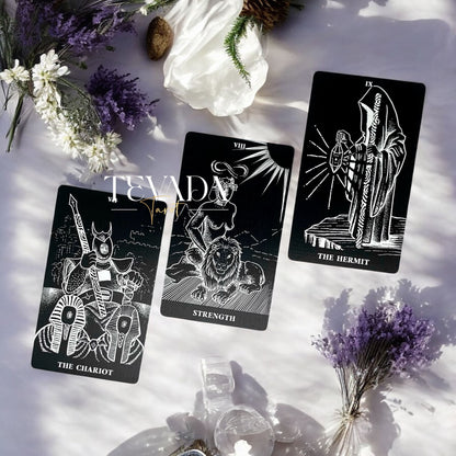 Explore The Arrival Tarot Deck—78 black-and-white tarot cards designed for intuitive readings, spiritual clarity, and guidance through bold contrasts of light and shadow.