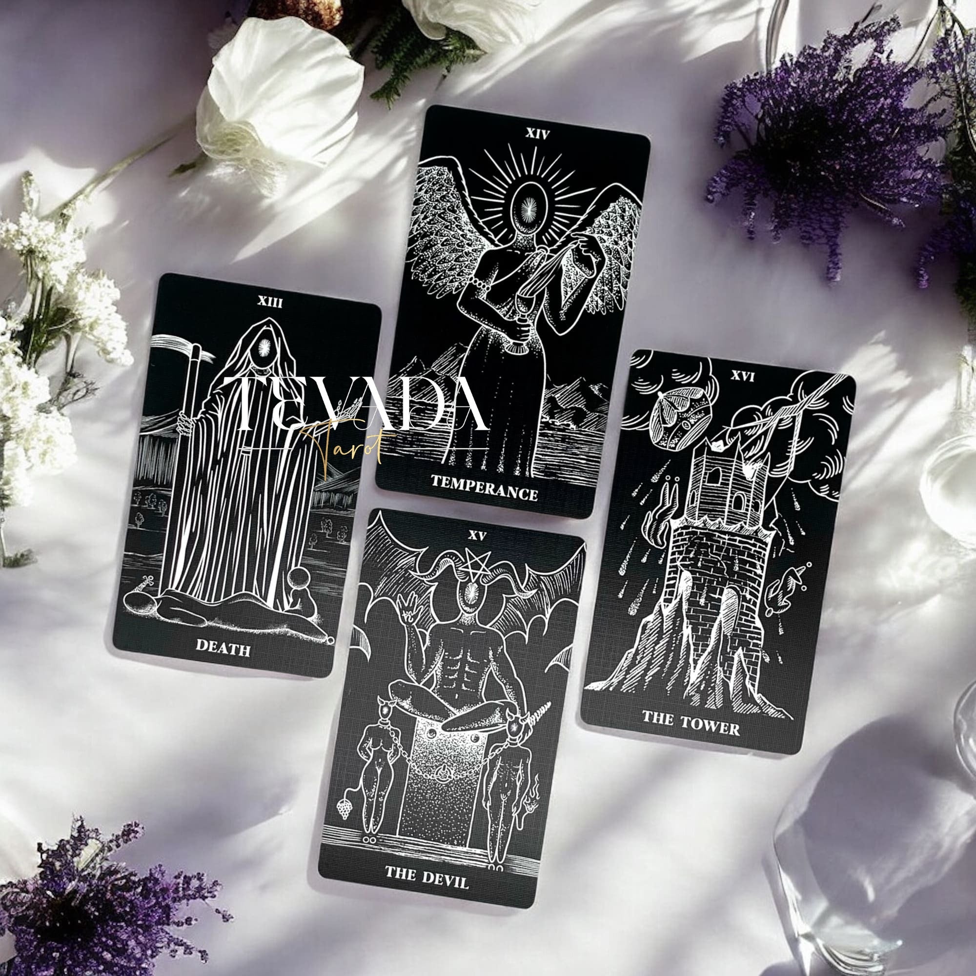 Explore The Arrival Tarot Deck—78 black-and-white tarot cards designed for intuitive readings, spiritual clarity, and guidance through bold contrasts of light and shadow.