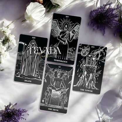 Explore The Arrival Tarot Deck—78 black-and-white tarot cards designed for intuitive readings, spiritual clarity, and guidance through bold contrasts of light and shadow.