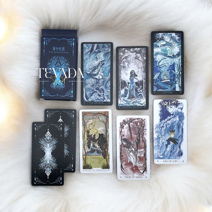 Discover intuitive guidance with the Lighthouse in Fog Tarot Pocket. A magical 78-card deck in black and blue hues, blending ancient legends and dreamlike imagery for profound divination.