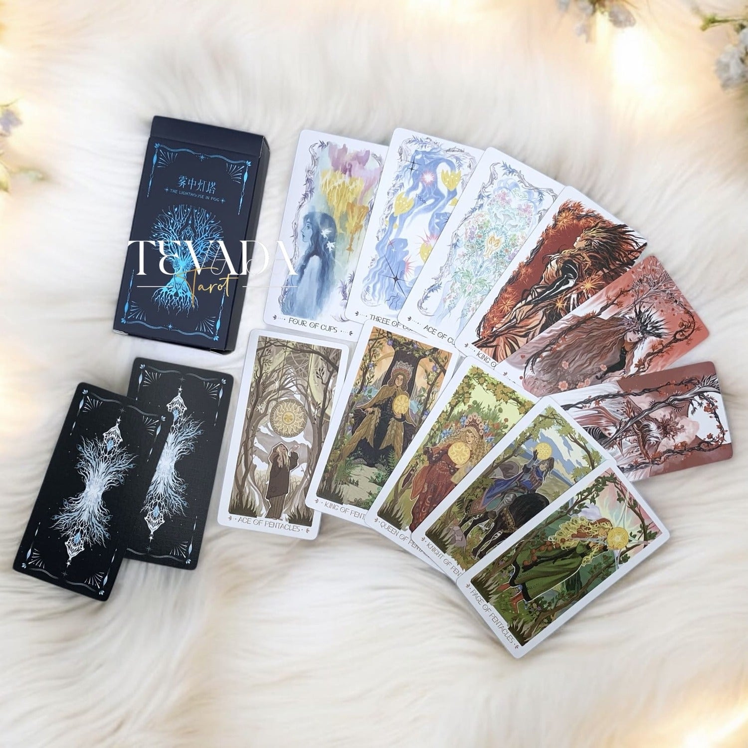 Discover intuitive guidance with the Lighthouse in Fog Tarot Pocket. A magical 78-card deck in black and blue hues, blending ancient legends and dreamlike imagery for profound divination.