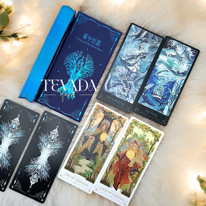 Discover the intuitive magic of The Lighthouse in Fog Tarot, a 78-card deck featuring stunning black and blue designs inspired by mystical ocean tales and ancient legends. Perfect for seekers of wisdom and clarity.