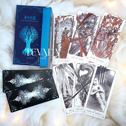 Discover the intuitive magic of The Lighthouse in Fog Tarot, a 78-card deck featuring stunning black and blue designs inspired by mystical ocean tales and ancient legends. Perfect for seekers of wisdom and clarity.