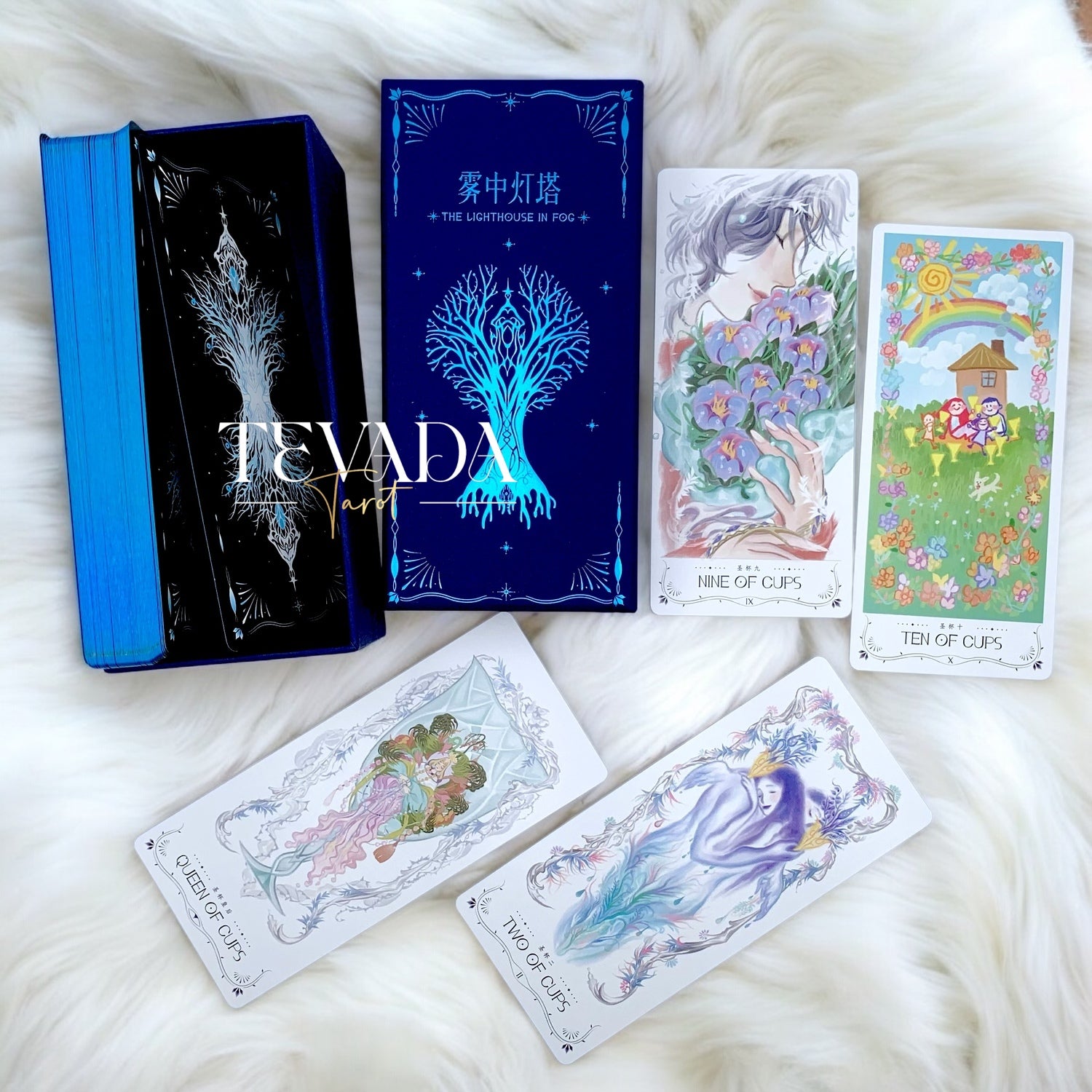 Discover the intuitive magic of The Lighthouse in Fog Tarot, a 78-card deck featuring stunning black and blue designs inspired by mystical ocean tales and ancient legends. Perfect for seekers of wisdom and clarity.