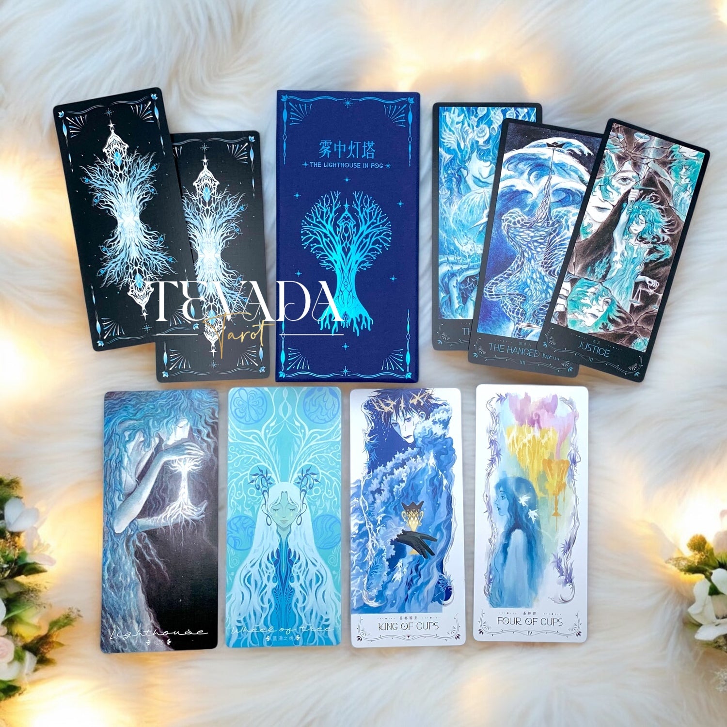 Discover the intuitive magic of The Lighthouse in Fog Tarot, a 78-card deck featuring stunning black and blue designs inspired by mystical ocean tales and ancient legends. Perfect for seekers of wisdom and clarity.