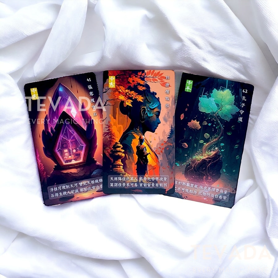 Unlock destiny's secrets with The Oracle of Wong Tai Sin—a divine journey through 100 cards, artfully designed from Hong Kong's enchanting Kau Chim poems.