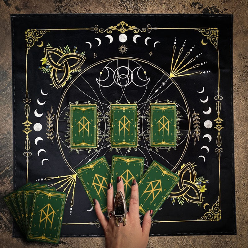 Discover the PAST-PRESENT-FUTURE Tarot Cloth: Elevate your tarot readings with this beautifully crafted cloth designed for 3-card spreads. Perfect for intuitive exploration, it measures 63x63cm and features celestial patterns to guide your spiritual journey.