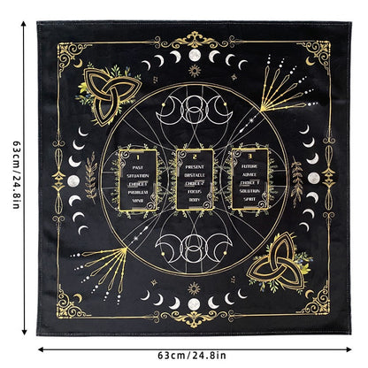 Discover the PAST-PRESENT-FUTURE Tarot Cloth: Elevate your tarot readings with this beautifully crafted cloth designed for 3-card spreads. Perfect for intuitive exploration, it measures 63x63cm and features celestial patterns to guide your spiritual journey.