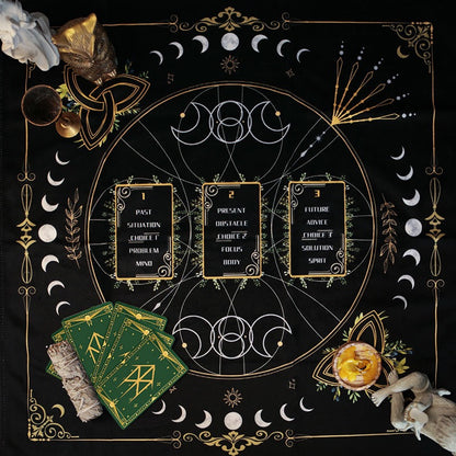 Discover the PAST-PRESENT-FUTURE Tarot Cloth: Elevate your tarot readings with this beautifully crafted cloth designed for 3-card spreads. Perfect for intuitive exploration, it measures 63x63cm and features celestial patterns to guide your spiritual journey.