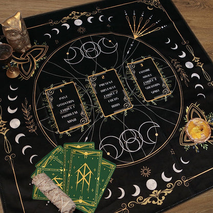 Discover the PAST-PRESENT-FUTURE Tarot Cloth: Elevate your tarot readings with this beautifully crafted cloth designed for 3-card spreads. Perfect for intuitive exploration, it measures 63x63cm and features celestial patterns to guide your spiritual journey.