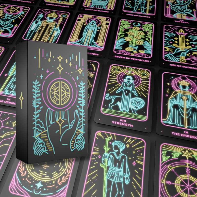 Discover the Simple Modern Tarot NEON! This 78-card deck combines vibrant neon art with dark blue gilded edges, offering intuitive guidance and magical insights for your personal journey.