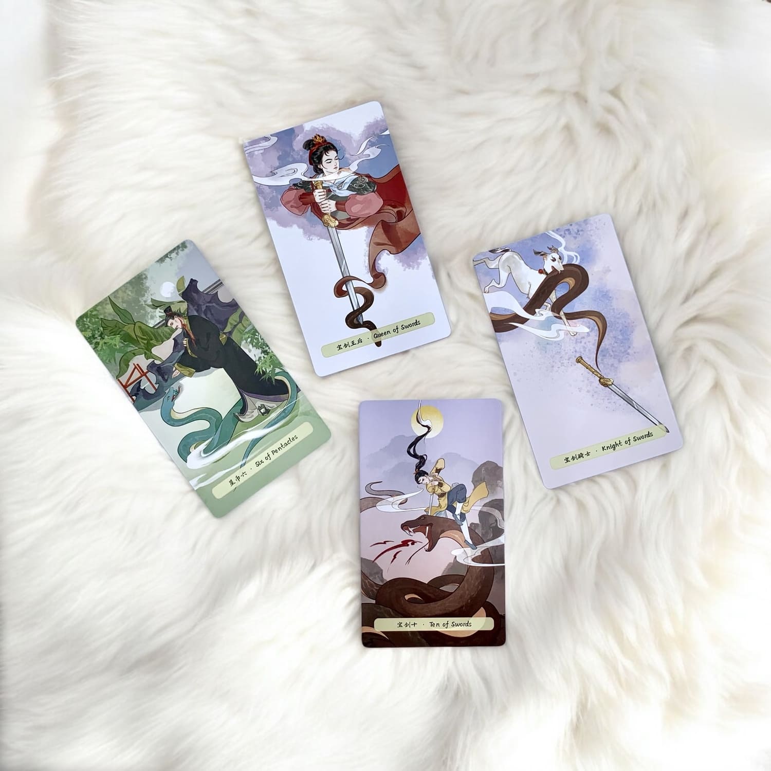 Uncover the wisdom of transformation with the Spiritual Snake Tarot. Featuring stunning Chinese-inspired art, this 78-card deck blends tradition and mysticism to enhance your readings and personal growth.