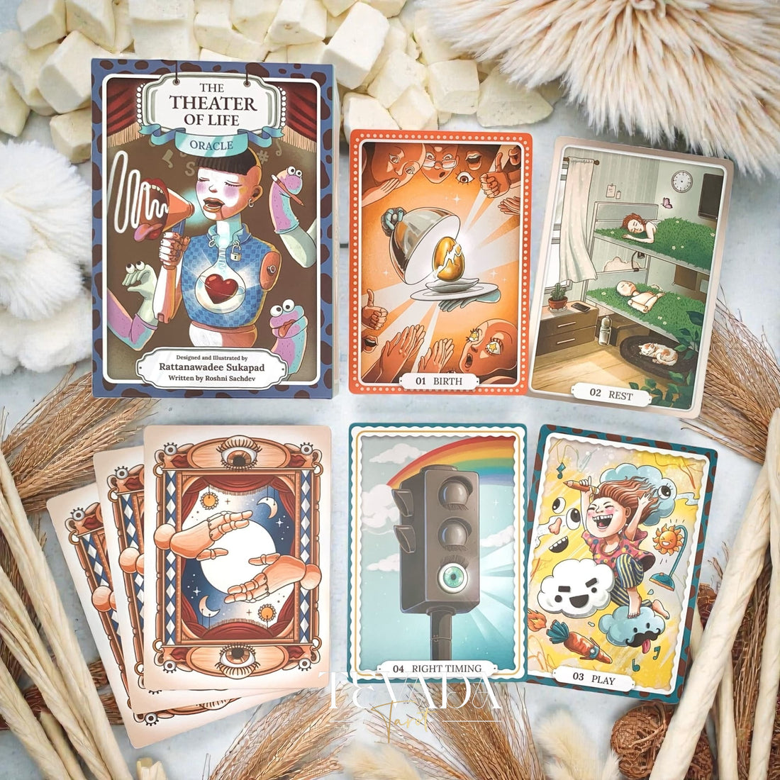 Theater of Life Oracle—66 beautifully hand‑drawn cards offering emotional insight, intuitive guidance &amp; self‑reflection. Ideal for journaling, rituals, personal growth.
