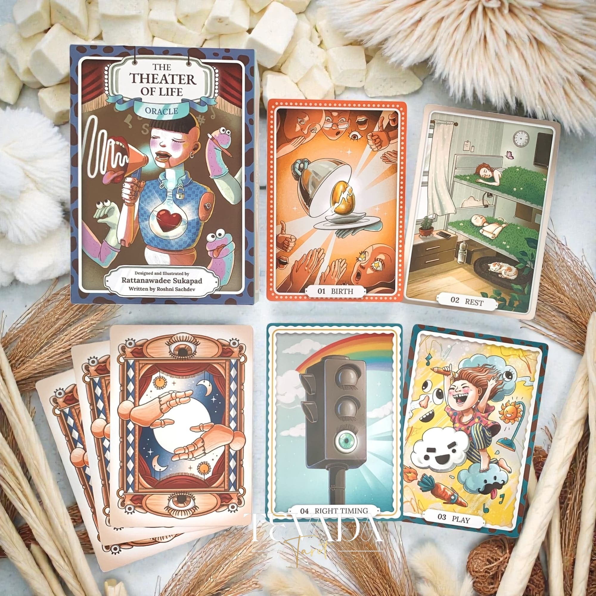 Theater of Life Oracle—66 beautifully hand‑drawn cards offering emotional insight, intuitive guidance &amp; self‑reflection. Ideal for journaling, rituals, personal growth.
