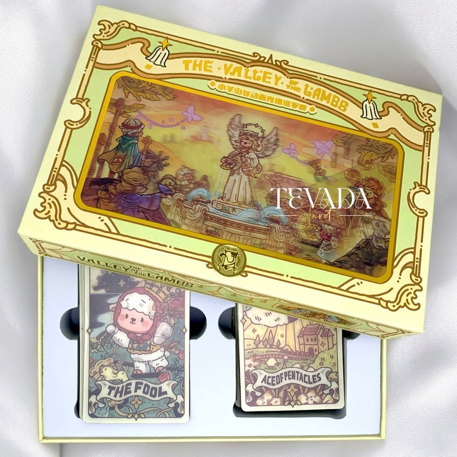 Explore the magical world of The Valley of the Lambs Tarot DELUXE. This charming 78-card deck features 3D lenticular printing, perfect for intuitive guidance and joyful discoveries.