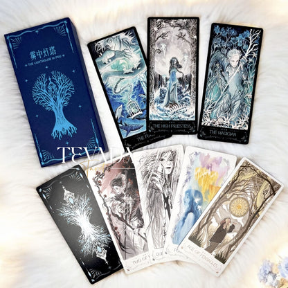 Discover the intuitive magic of The Lighthouse in Fog Tarot, a 78-card deck featuring stunning black and blue designs inspired by mystical ocean tales and ancient legends. Perfect for seekers of wisdom and clarity.