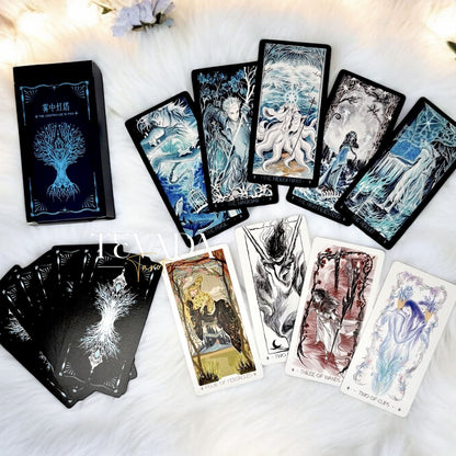 Discover the intuitive magic of The Lighthouse in Fog Tarot, a 78-card deck featuring stunning black and blue designs inspired by mystical ocean tales and ancient legends. Perfect for seekers of wisdom and clarity.