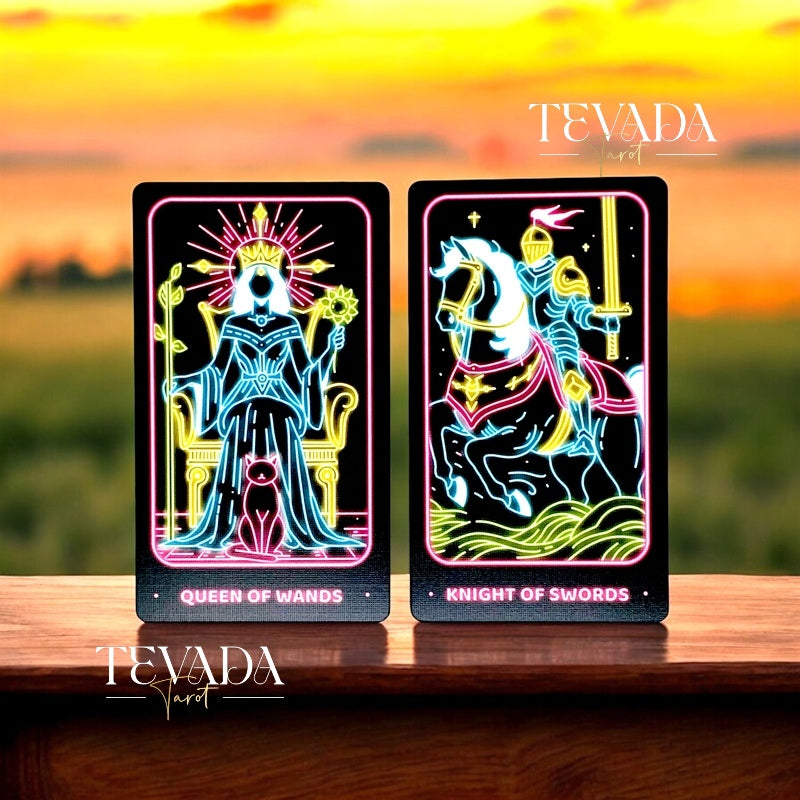 Discover the Simple Modern Tarot NEON! This 78-card deck combines vibrant neon art with dark blue gilded edges, offering intuitive guidance and magical insights for your personal journey.