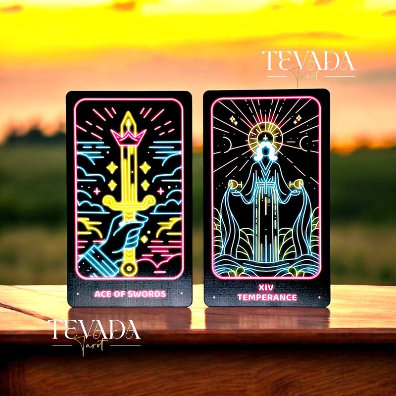 Discover the Simple Modern Tarot NEON! This 78-card deck combines vibrant neon art with dark blue gilded edges, offering intuitive guidance and magical insights for your personal journey.