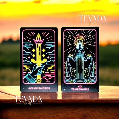 Discover the Simple Modern Tarot NEON! This 78-card deck combines vibrant neon art with dark blue gilded edges, offering intuitive guidance and magical insights for your personal journey.