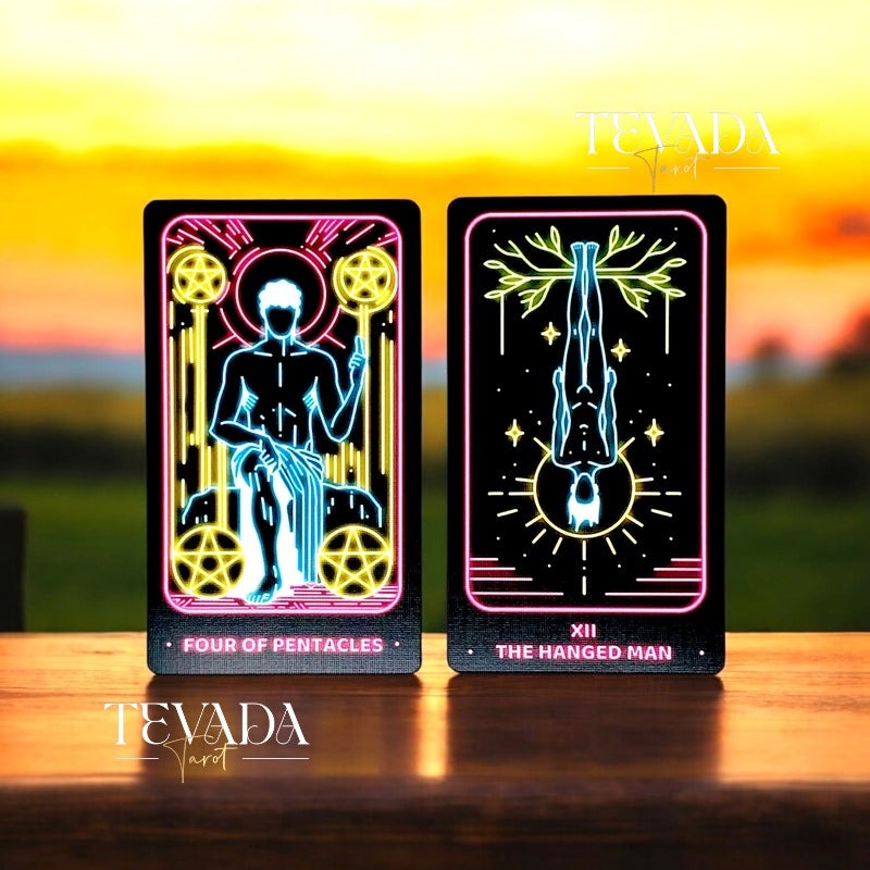 Discover the Simple Modern Tarot NEON! This 78-card deck combines vibrant neon art with dark blue gilded edges, offering intuitive guidance and magical insights for your personal journey.