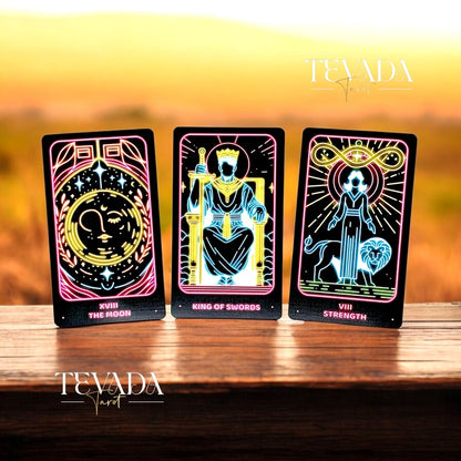 Discover the Simple Modern Tarot NEON! This 78-card deck combines vibrant neon art with dark blue gilded edges, offering intuitive guidance and magical insights for your personal journey.