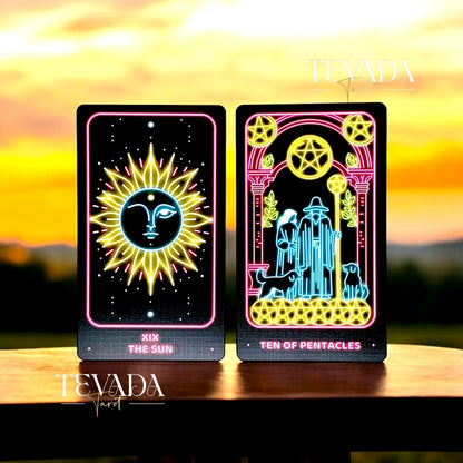 Discover the Simple Modern Tarot NEON! This 78-card deck combines vibrant neon art with dark blue gilded edges, offering intuitive guidance and magical insights for your personal journey.