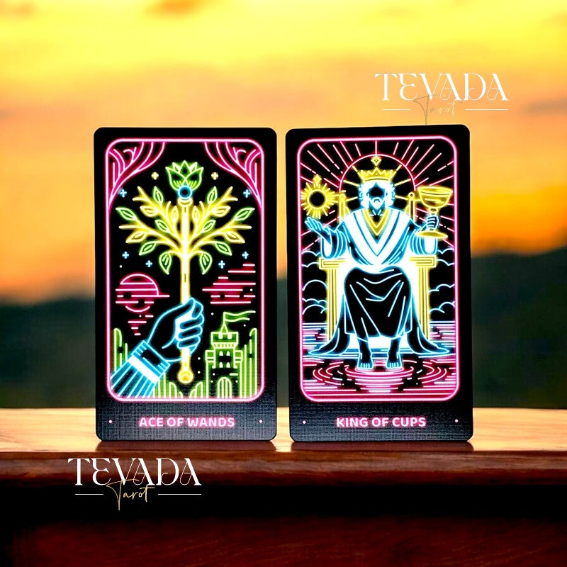 Discover the Simple Modern Tarot NEON! This 78-card deck combines vibrant neon art with dark blue gilded edges, offering intuitive guidance and magical insights for your personal journey.