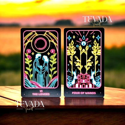 Discover the Simple Modern Tarot NEON! This 78-card deck combines vibrant neon art with dark blue gilded edges, offering intuitive guidance and magical insights for your personal journey.