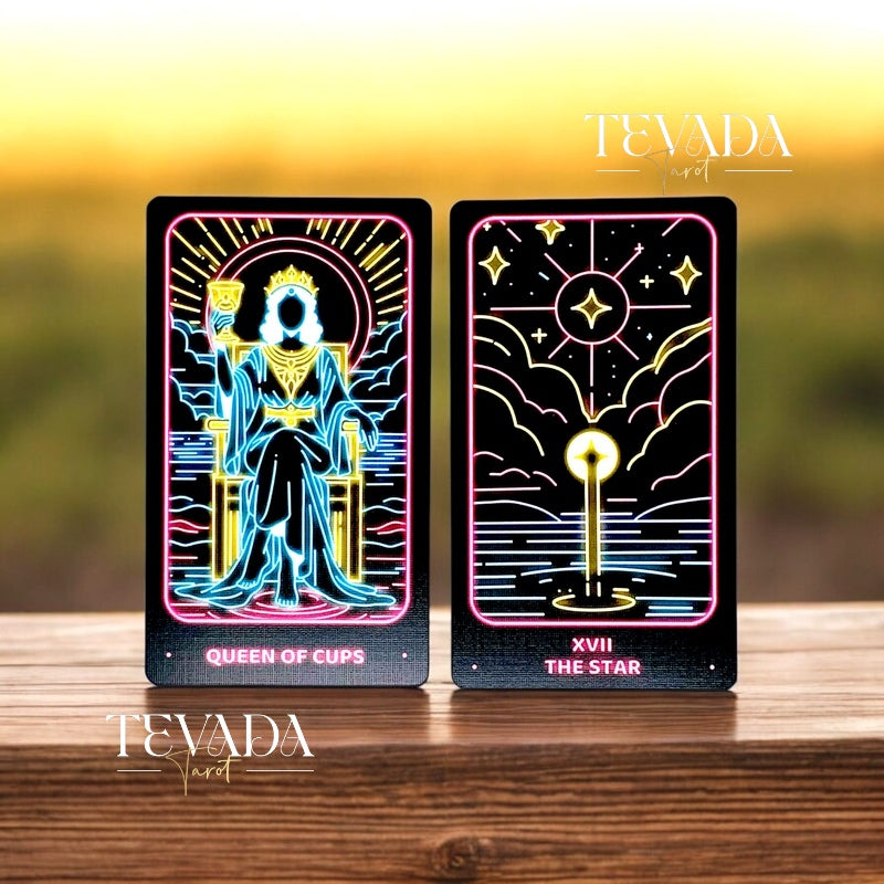 Discover the Simple Modern Tarot NEON! This 78-card deck combines vibrant neon art with dark blue gilded edges, offering intuitive guidance and magical insights for your personal journey.