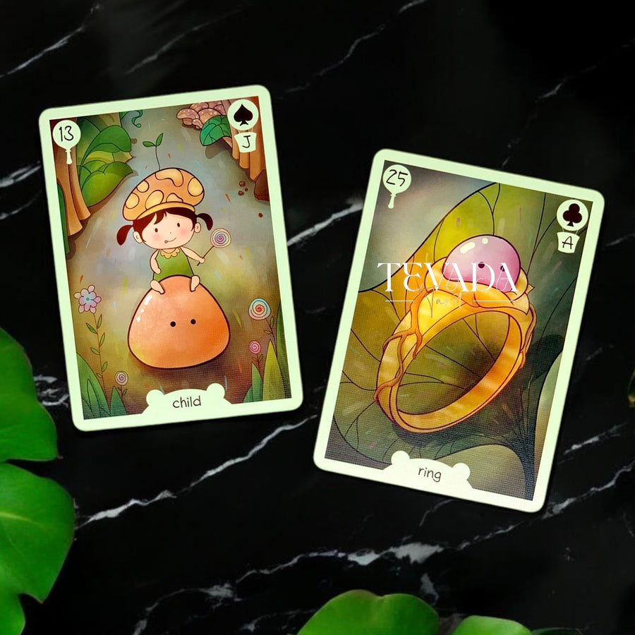 Discover the magical Tokfly Lenormand, a 36-card divination deck with cute slimes in a fantasy jungle, offering intuitive guidance for personal growth and clarity.