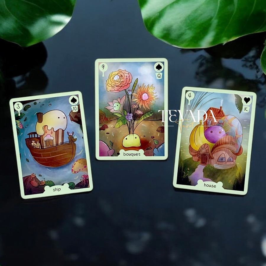 Discover the magical Tokfly Lenormand, a 36-card divination deck with cute slimes in a fantasy jungle, offering intuitive guidance for personal growth and clarity.