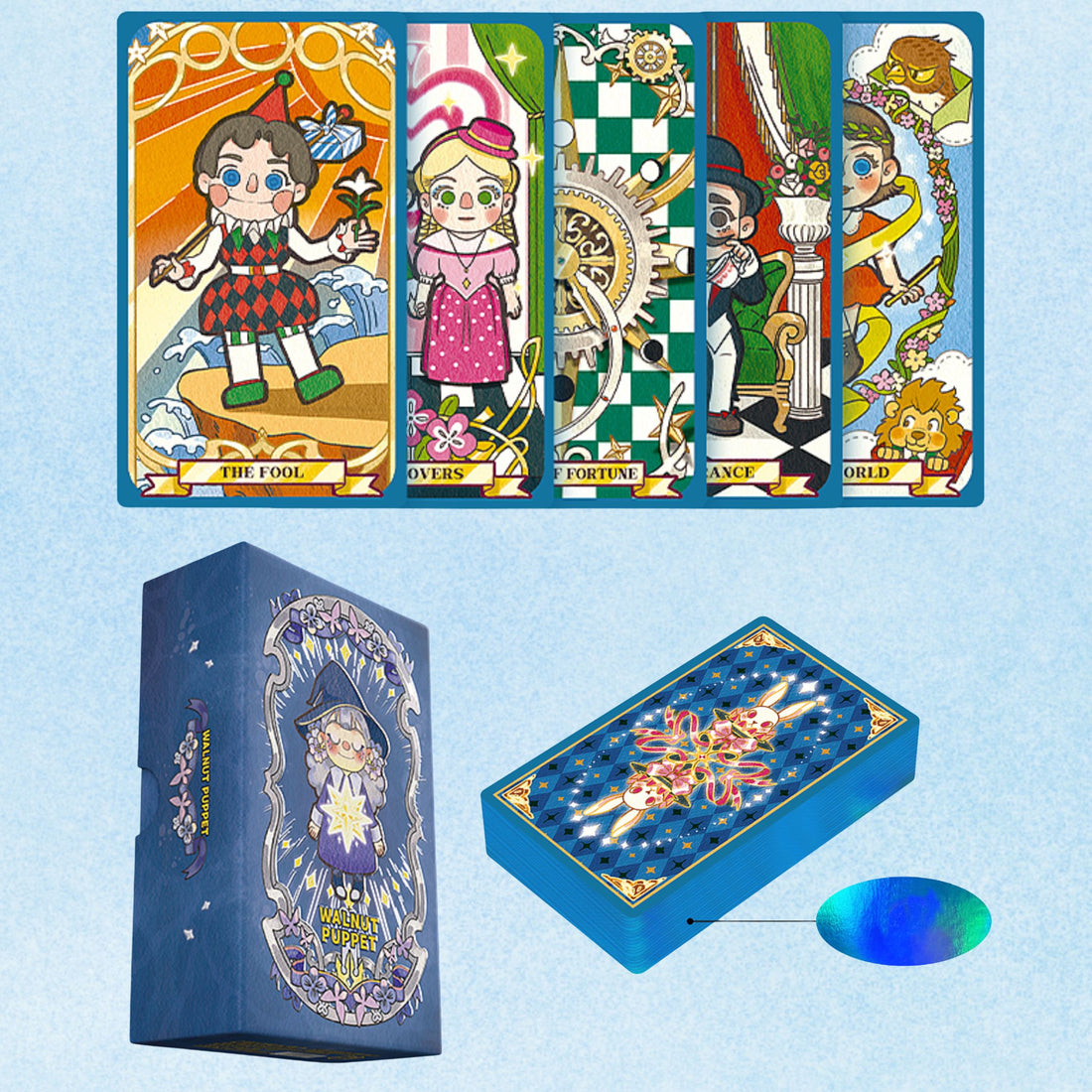 Discover the Walnut Puppet Tarot — a magical 78-card deck of courage, innocence, and cosmic wonder. Each oil-painted card inspires intuitive guidance and heartfelt self-discovery.