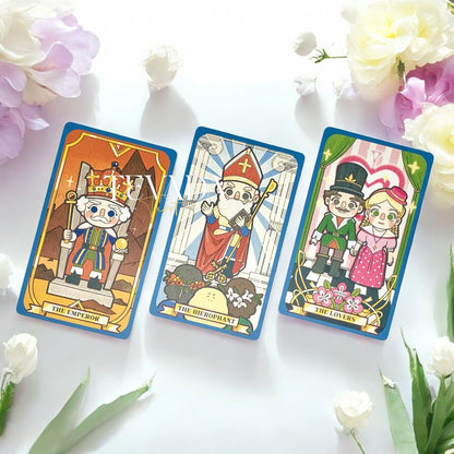 Discover the Walnut Puppet Tarot — a magical 78-card deck of courage, innocence, and cosmic wonder. Each oil-painted card inspires intuitive guidance and heartfelt self-discovery.