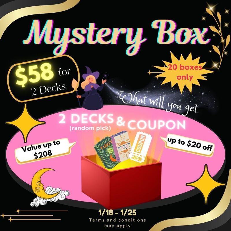 Unlock the magic of divination with our Tarot Mystery Box, only $59! Limited to 20 boxes, each contains 2 mystery decks valued up to $139, plus exclusive promo codes. Available Jan 18-20. Order now and delve into the mysteries of tarot!