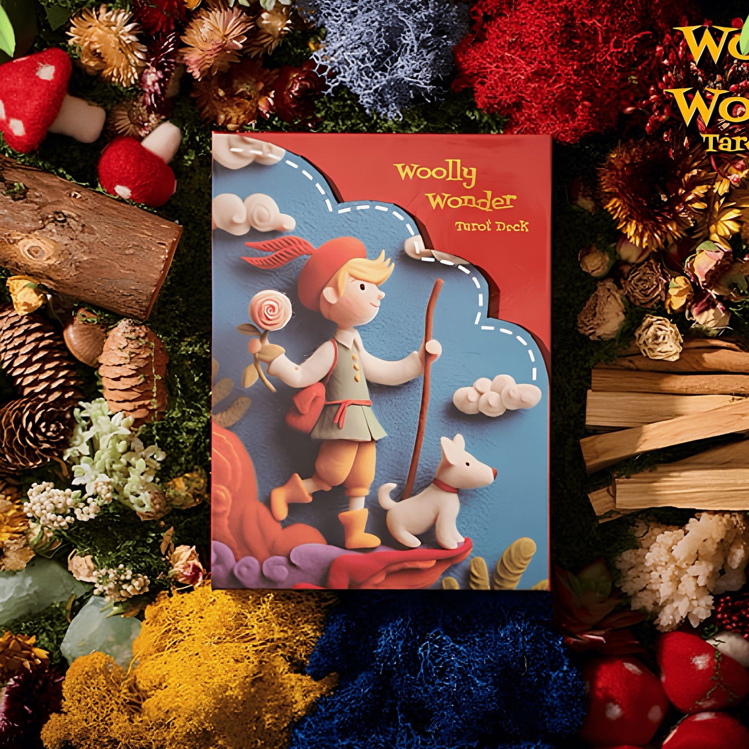 Woolly Wonder Tarot Deck featuring vibrant 3D wool-felt storybook art for inner child healing and playful divination.