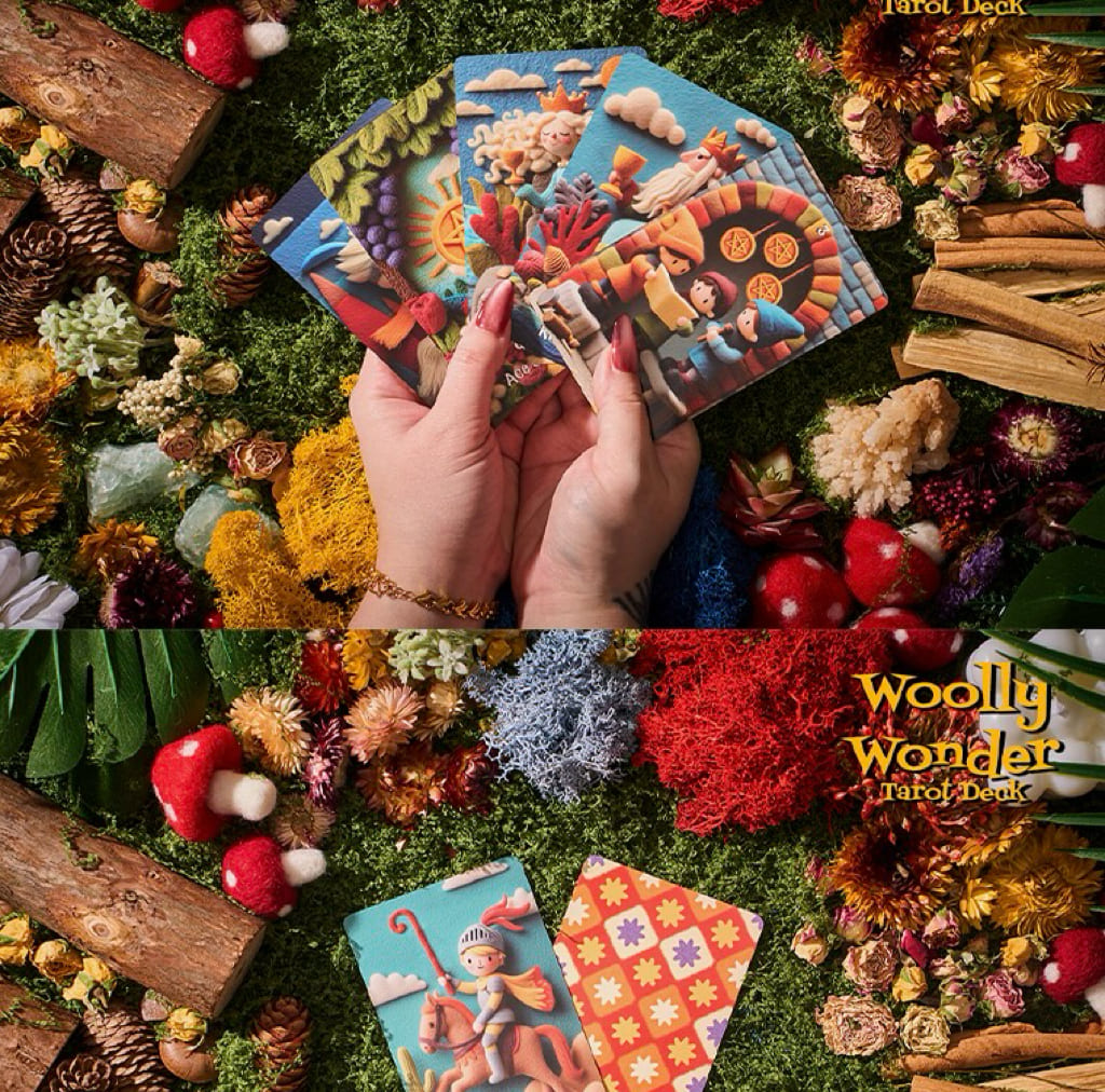 Woolly Wonder Tarot Deck featuring vibrant 3D wool-felt storybook art for inner child healing and playful divination.
