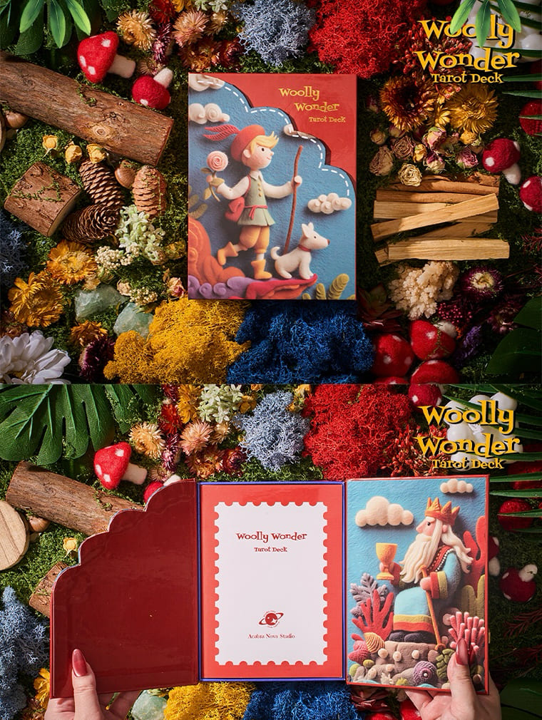 Woolly Wonder Tarot Deck featuring vibrant 3D wool-felt storybook art for inner child healing and playful divination.