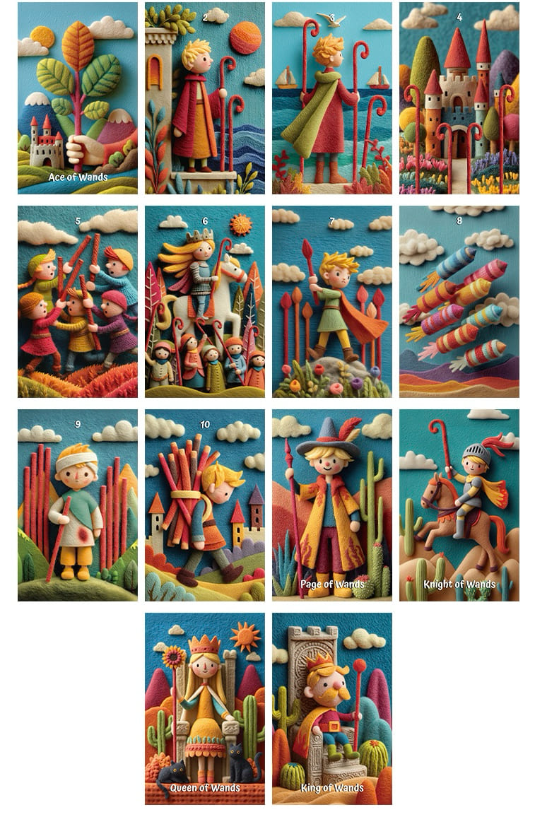 Woolly Wonder Tarot Deck featuring vibrant 3D wool-felt storybook art for inner child healing and playful divination.