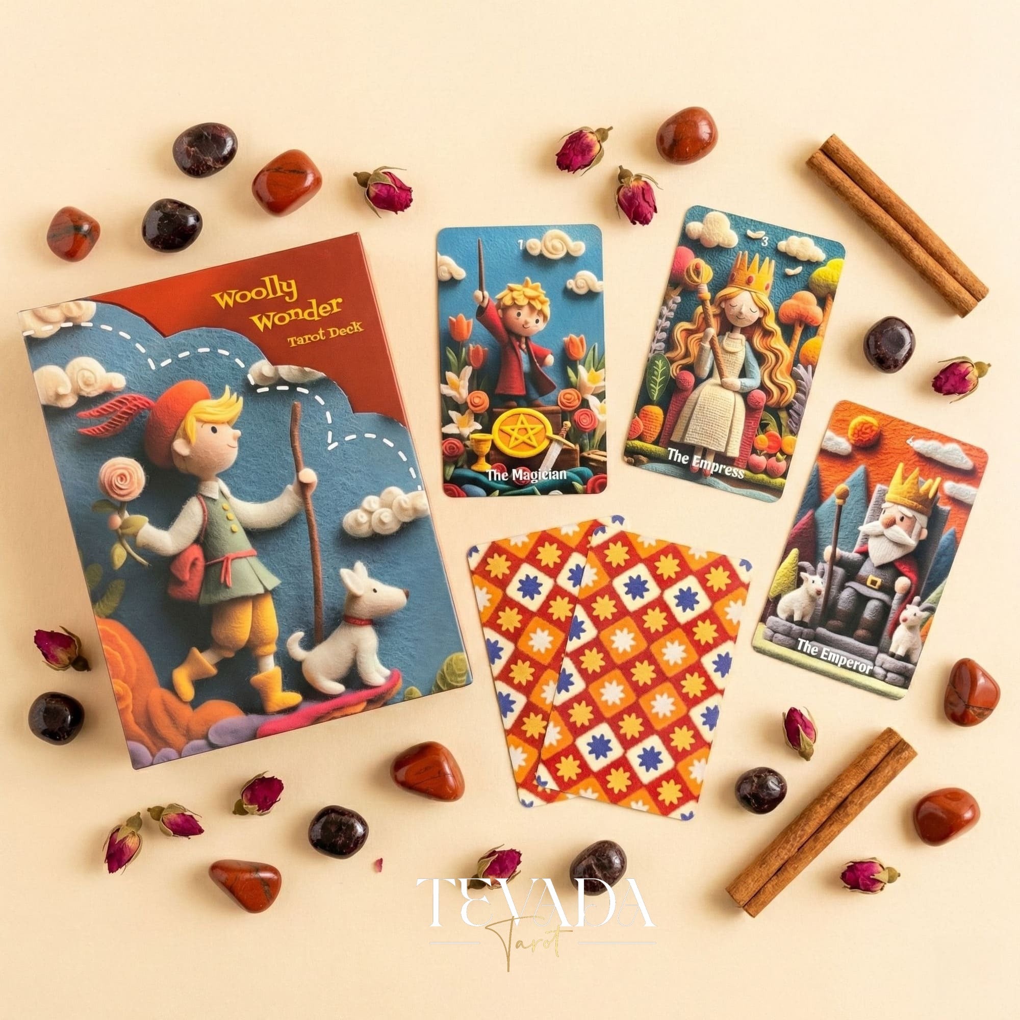 Woolly Wonder Tarot Deck featuring vibrant 3D wool-felt storybook art for inner child healing and playful divination.