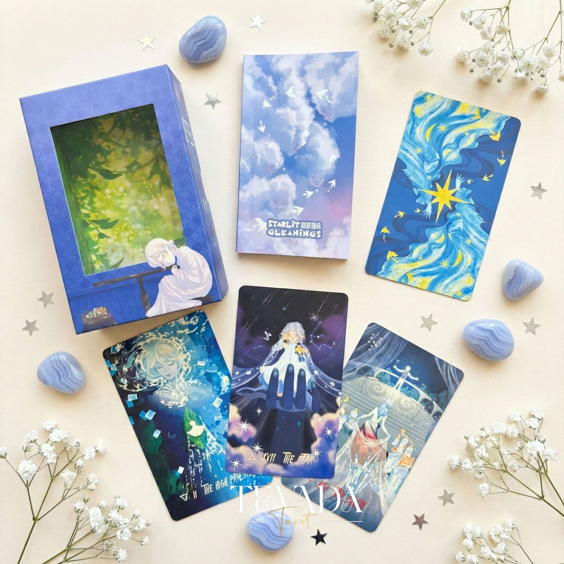 Starlit Gleanings Tarot with cute anime style watercolor art for intuitive divination and healing guidance.